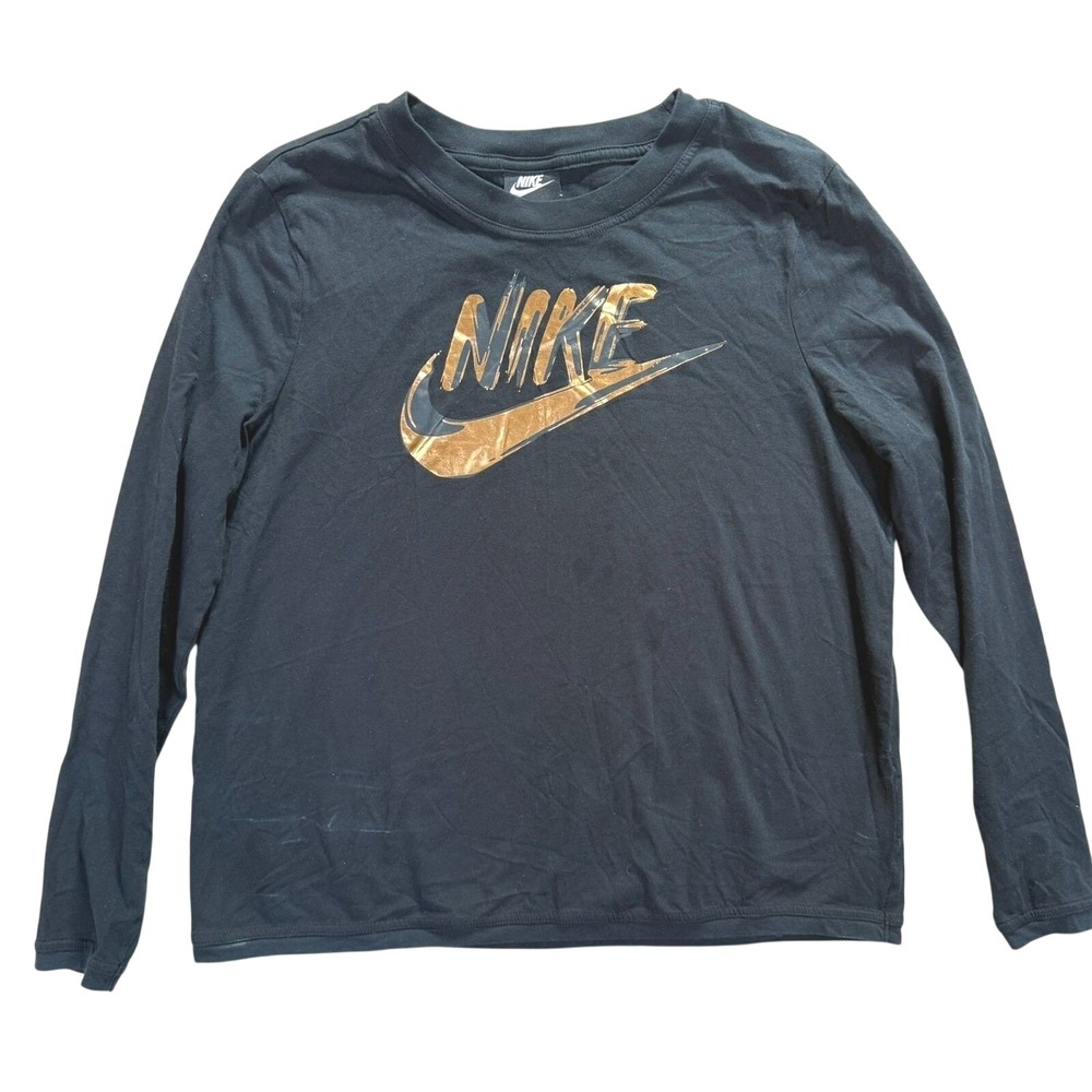 Nike Long Sleeve Shirt Kids Large Black Gold‎ Foil Logo Graphic Tee Sportswear